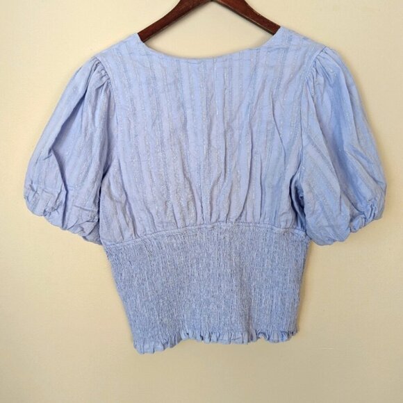 Heartloom Rushed Ruffle Hem Bubble Sleeve Babbydoll Top Blue Womens Size L - Picture 2 of 10